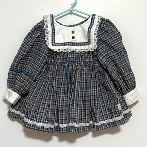 Vintage Hailey & Co. Plaid Long Sleeve Dress with Lace Trim EUC 3T